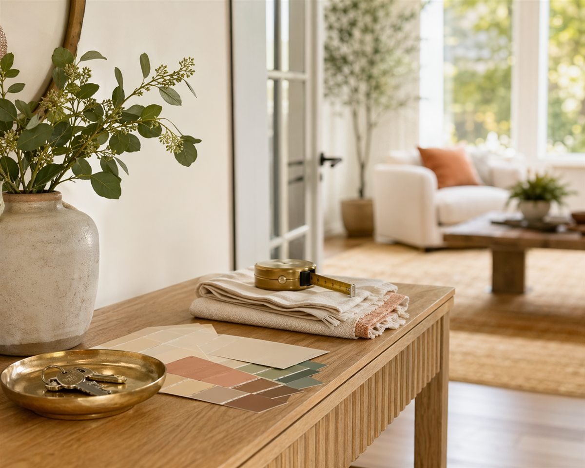 listing prep materials staged in a bright living room